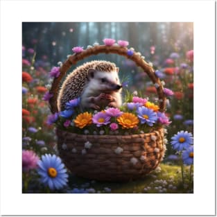 Baby Hedgehog in a Flower Basket Posters and Art